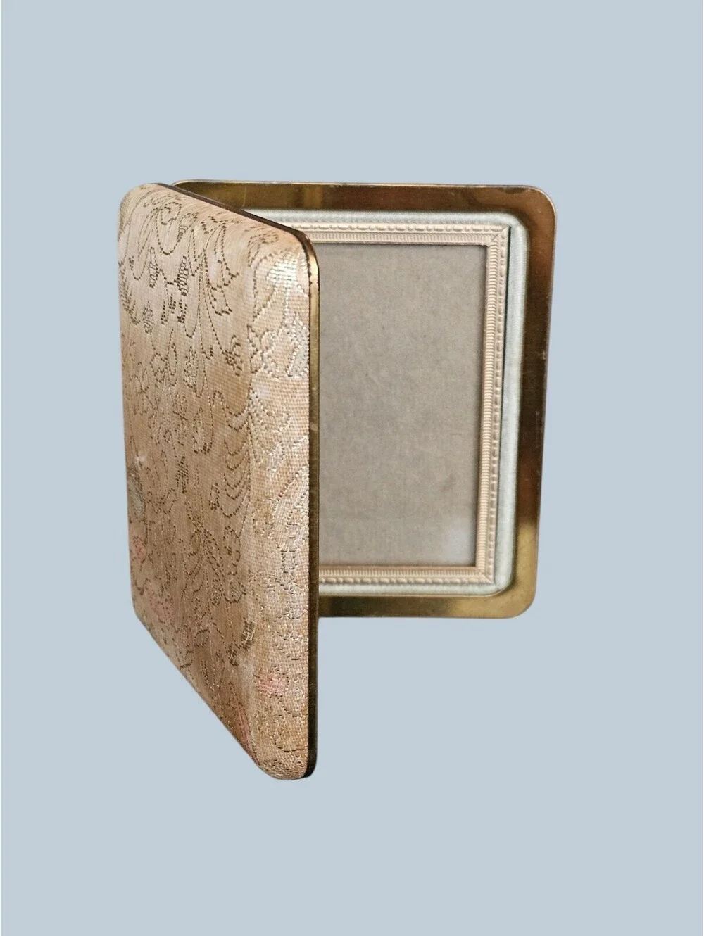 Vintage Mid Century Gold Brocade Double Hinged Folding Travel Picture Frame